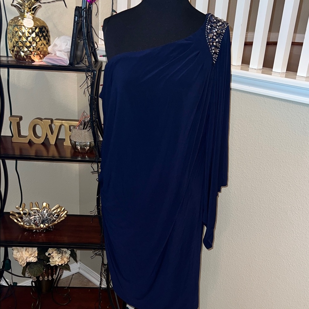 R&M Richards Elegant Navy One-Shoulder Dress